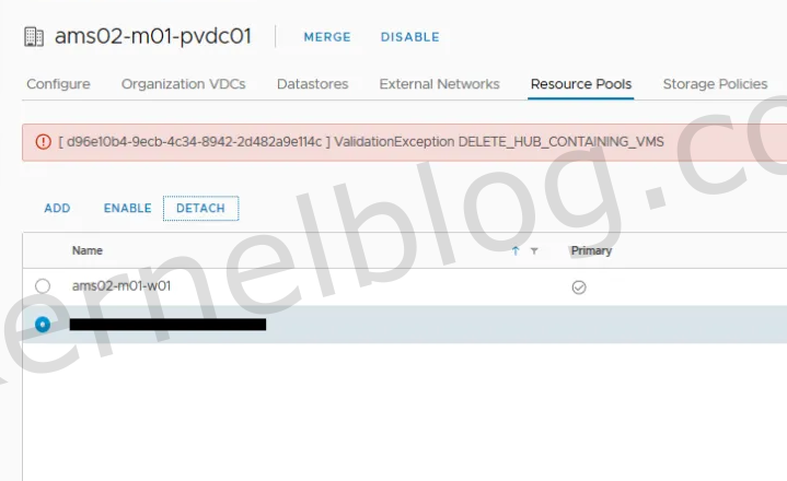 Detaching a resource pool from PvDC failed in vCloud Director 9.7