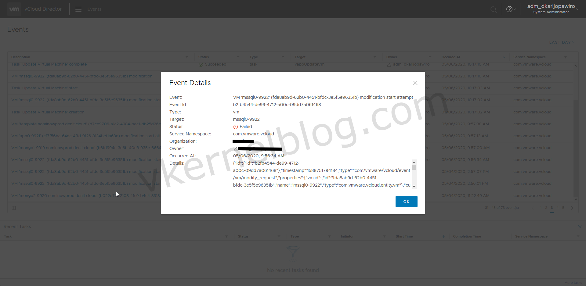 Unable to change VM config in vCloud Director 9.7 error: "class: java.lang.NullPointerException"