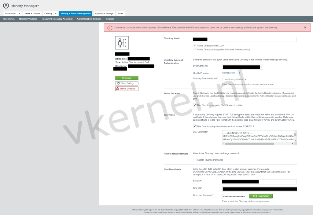 The specified Bind DN and password could not be used to successfully authenticate against the directory directory sync failed