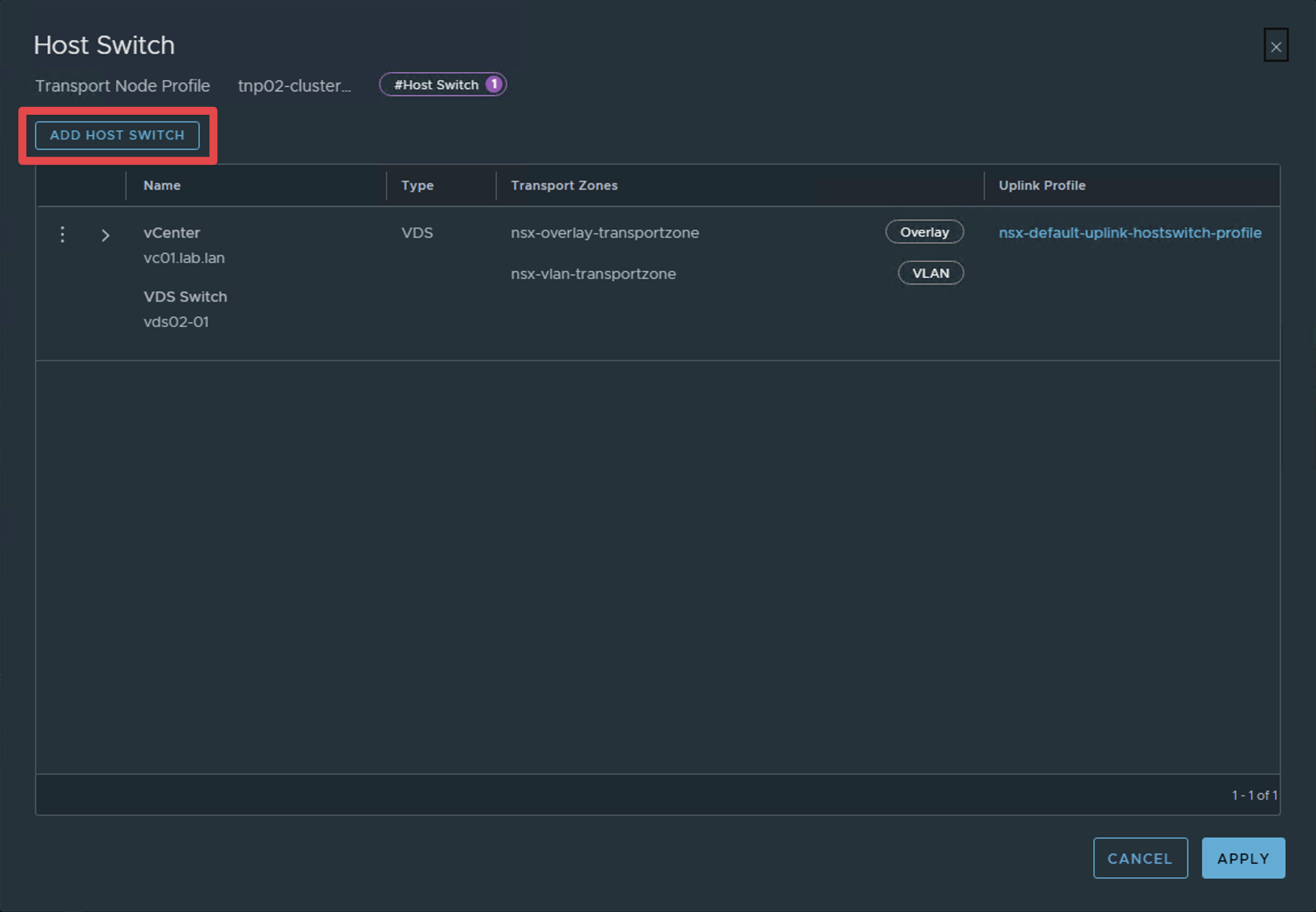 Add Host Switch Configuration